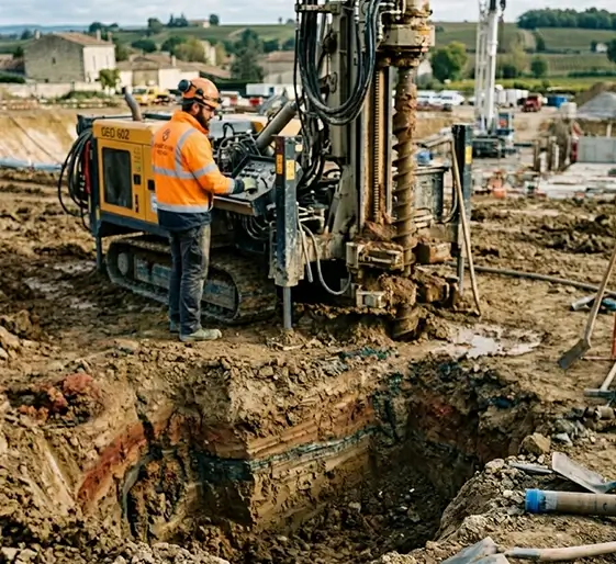 sondage terrain sur un chantier en gironde pour étude de sol G2