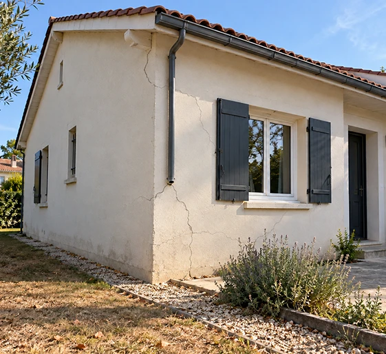 Fissures sur la façade d'une maison individuelle en Gironde, nécessitant un diagnostic géotechnique G5