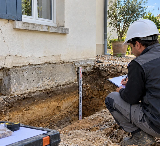 Inspection des fondations d'une maison lors d'un diagnostic géotechnique G5 à Bordeaux