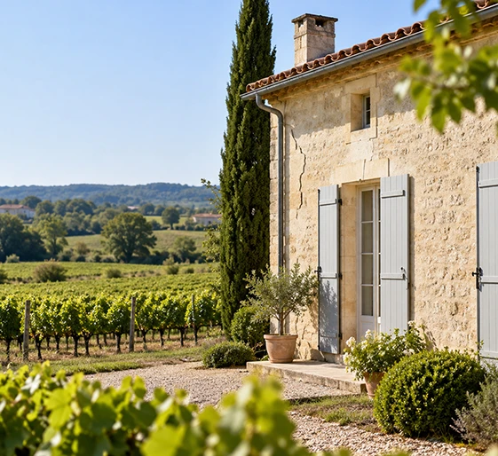 Maison girondine au milieu des vignes présentant des fissures en façade liées potentiellement aux mouvements de sols argileux et à la sécheresse